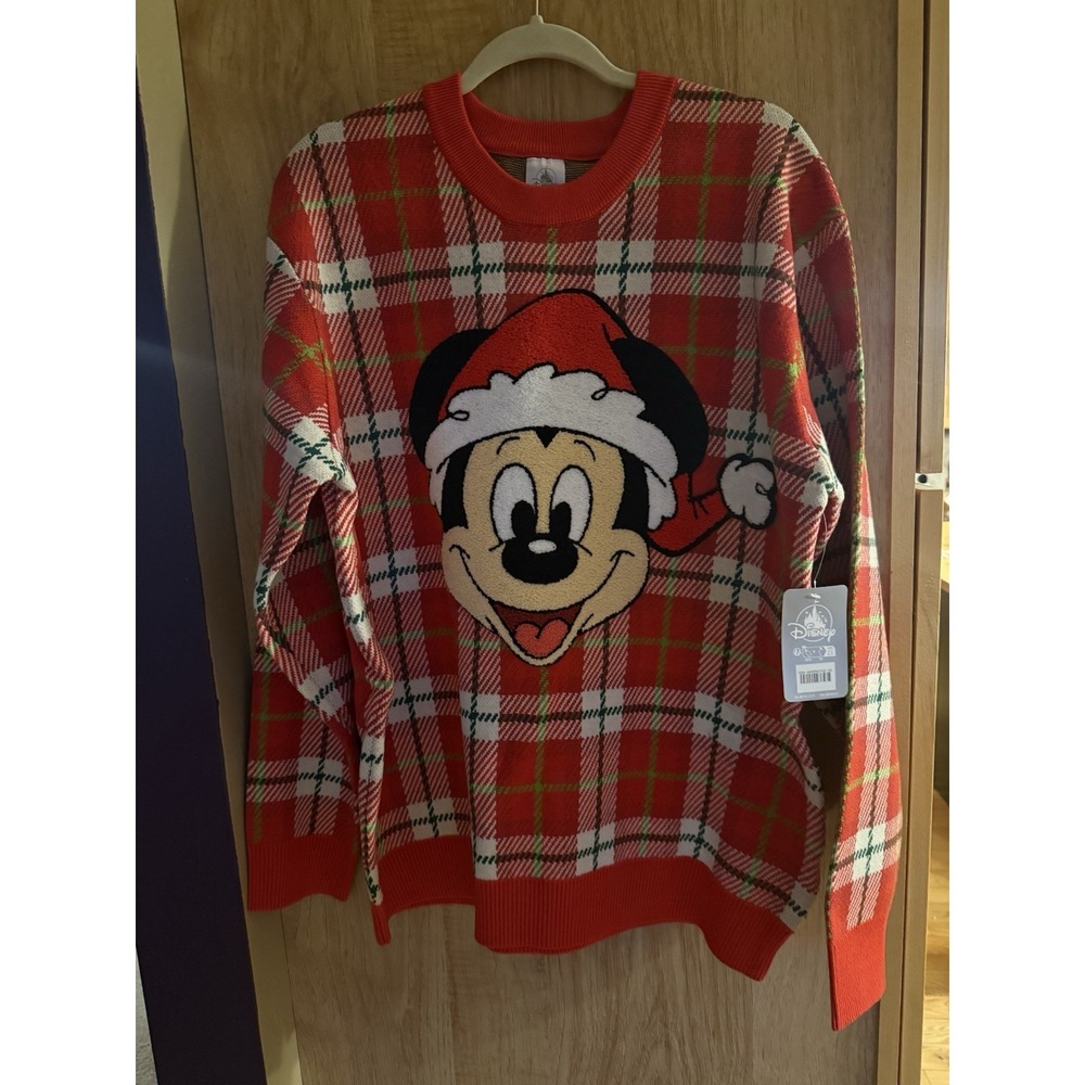 New Disney Park Holiday Plaid Sweater Christmas Mickey Mouse Large New With Tags